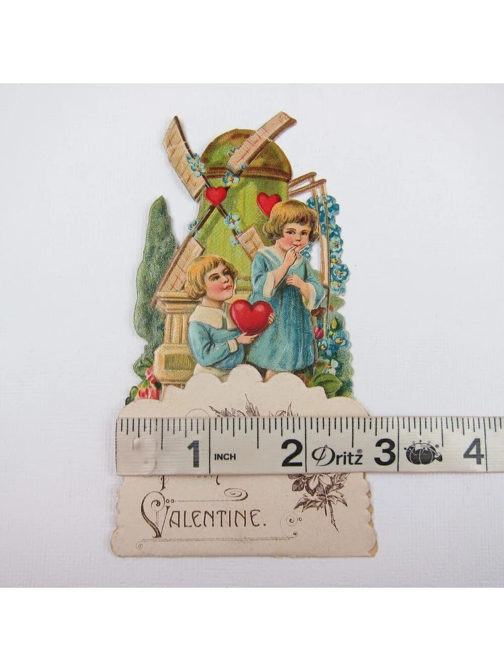 Vintage Valentine 3D Pop Up Die Cut Blonde Boy & Girl Blue Dress Green Windmill